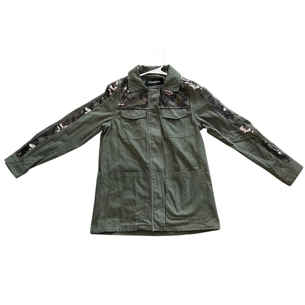 Madden NYC Womens Olive Green Utility Jacket Sequin Camo Accents Size Small